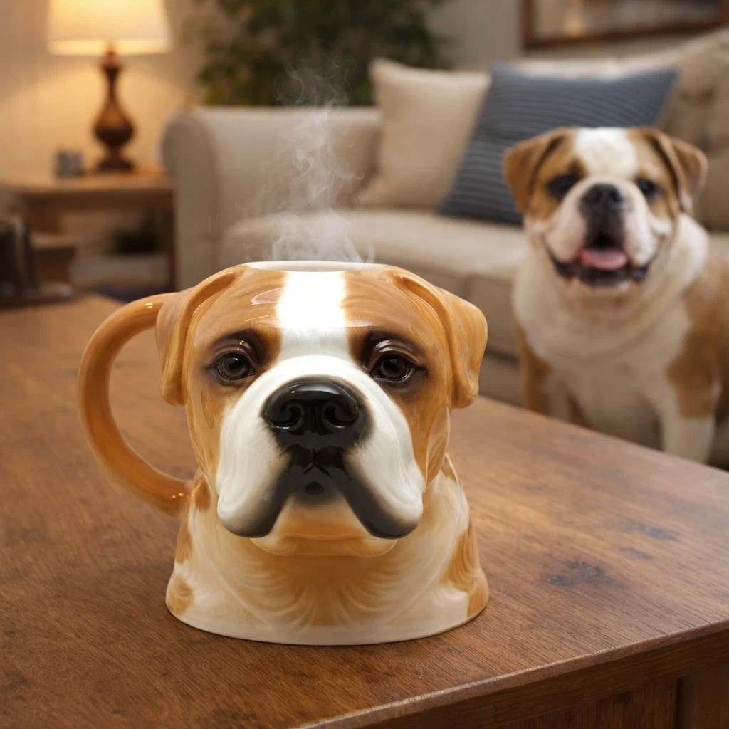 Bloomingware Pet Collection — hand-sculpted ceramic bulldog mug with realistic details beside a real dog