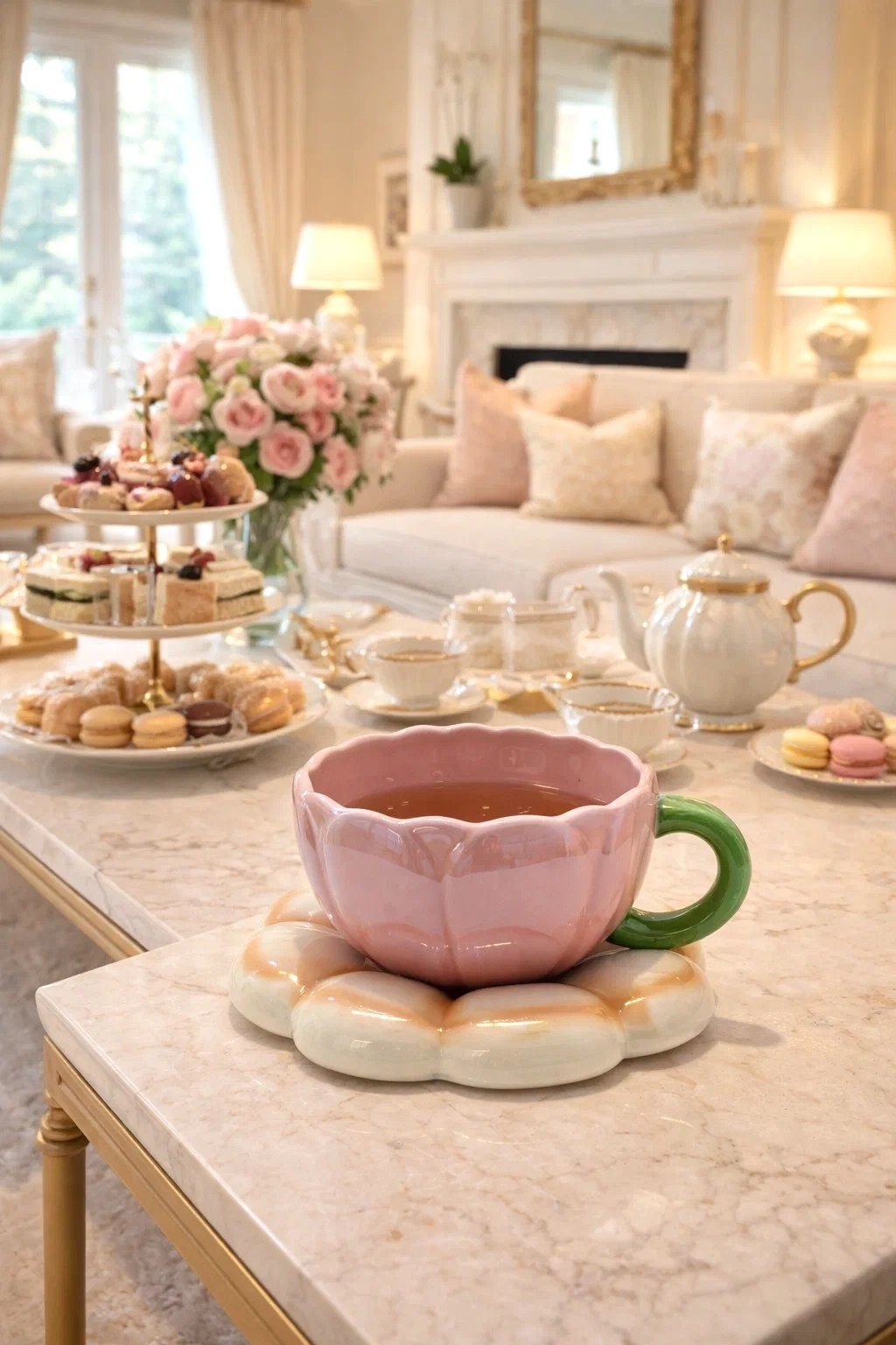 Bloomingware flower petal teacup styled for afternoon tea — designer ceramic drinkware