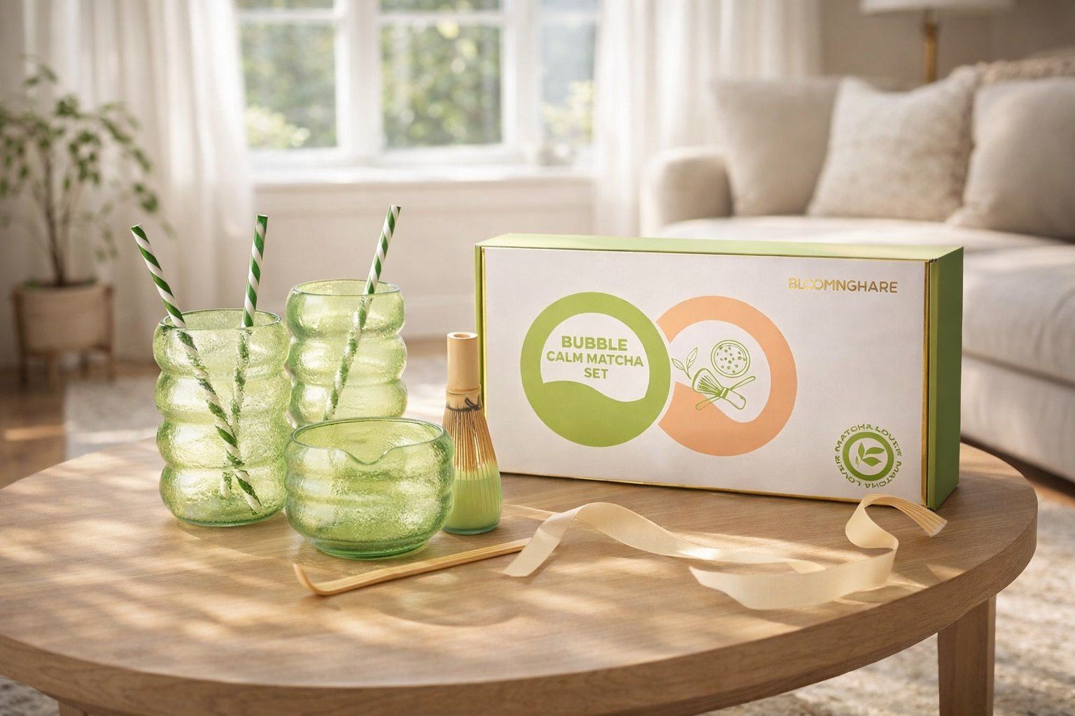 Bloomingware Green Bubble Calm Matcha set styled on a table — sculptural ceramic matcha drinkware