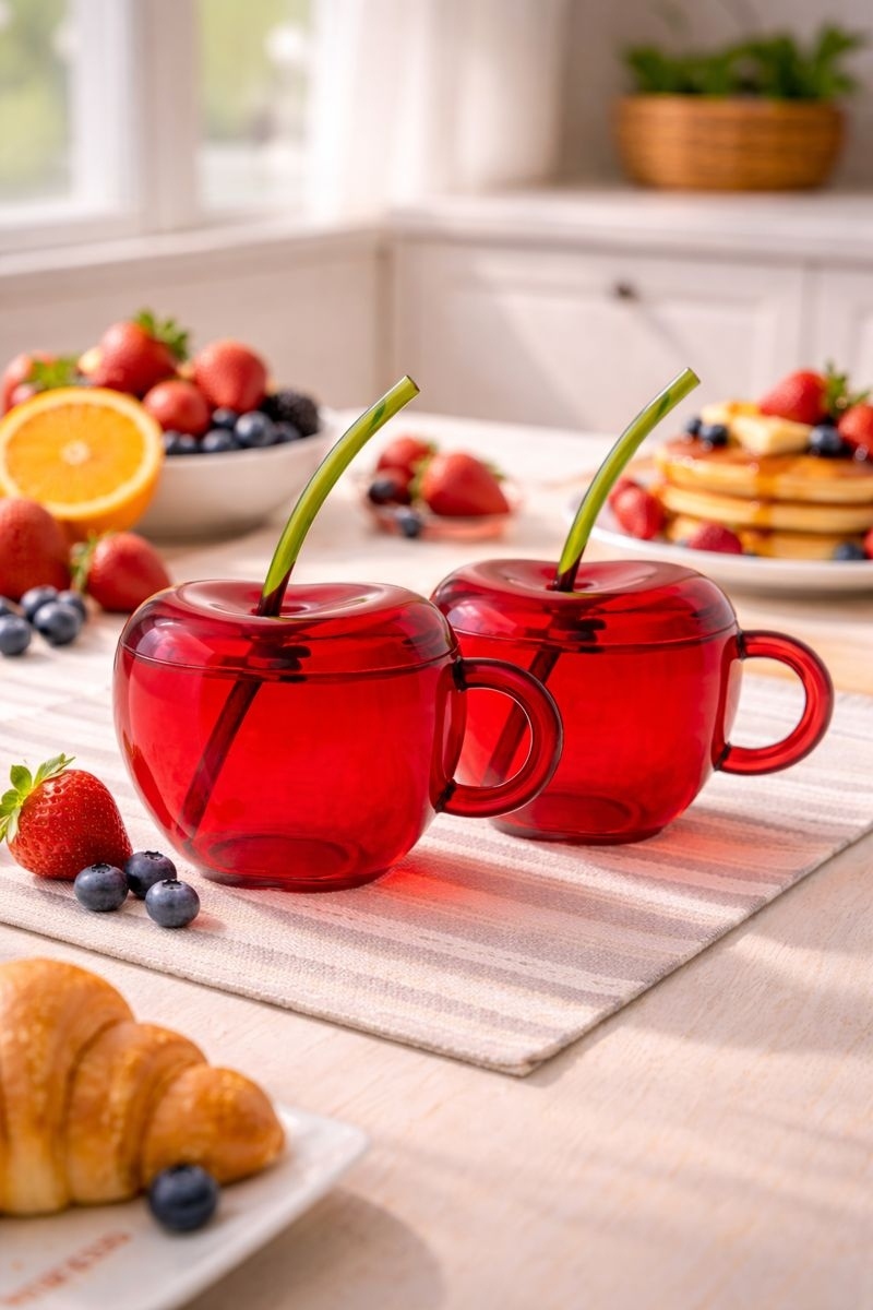 Bloomingware glass cherry duo close-up with fresh fruit and croissants — BM-50 cherry glassware