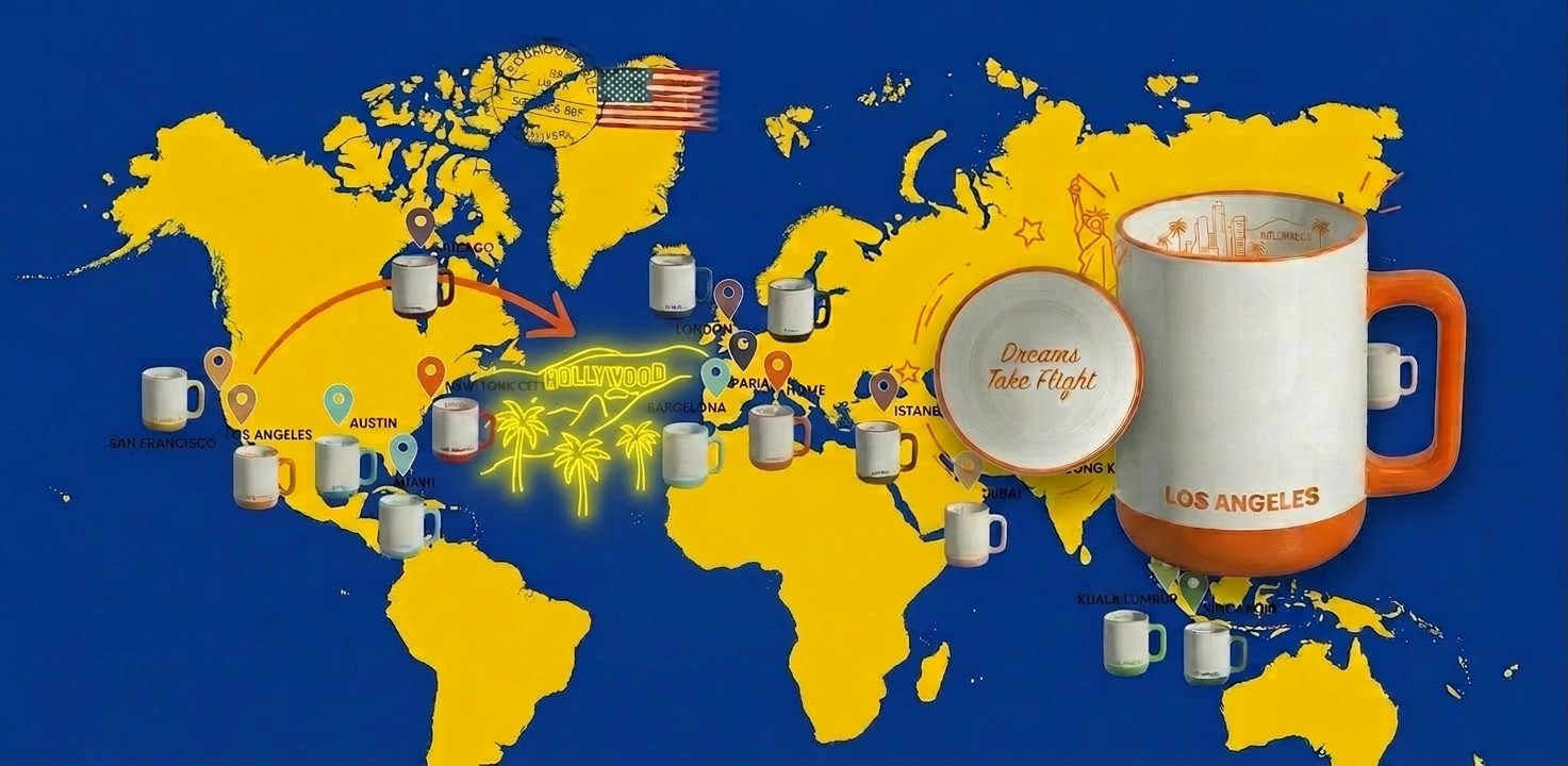 Bloomingware City Collection world map with Los Angeles mug — Dreams Take Flight ceramic city skyline drinkware