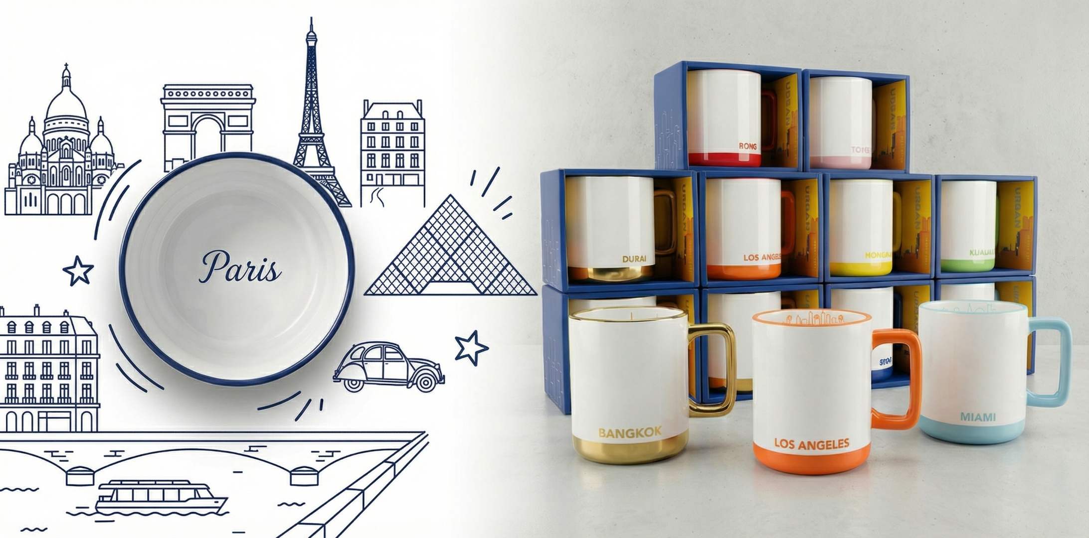 Bloomingware City Collection world map with ceramic city skyline mugs at global destinations