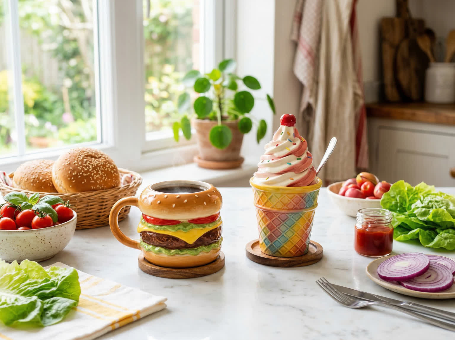 Bloomingware Food Collection — novelty ceramic burger and ice cream mugs styled in a kitchen