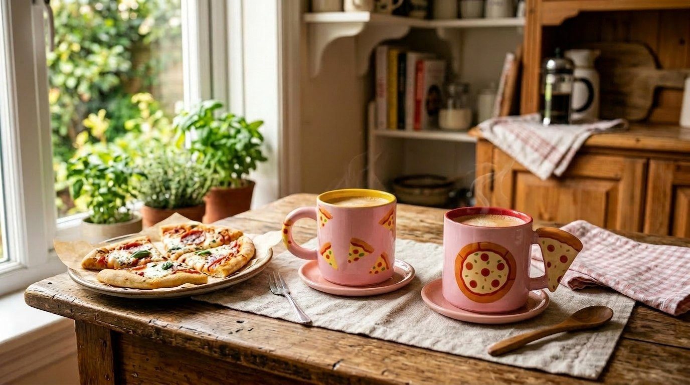 Bloomingware pizza ceramic mugs BM-72 and BM-73 styled on kitchen table — novelty food drinkware