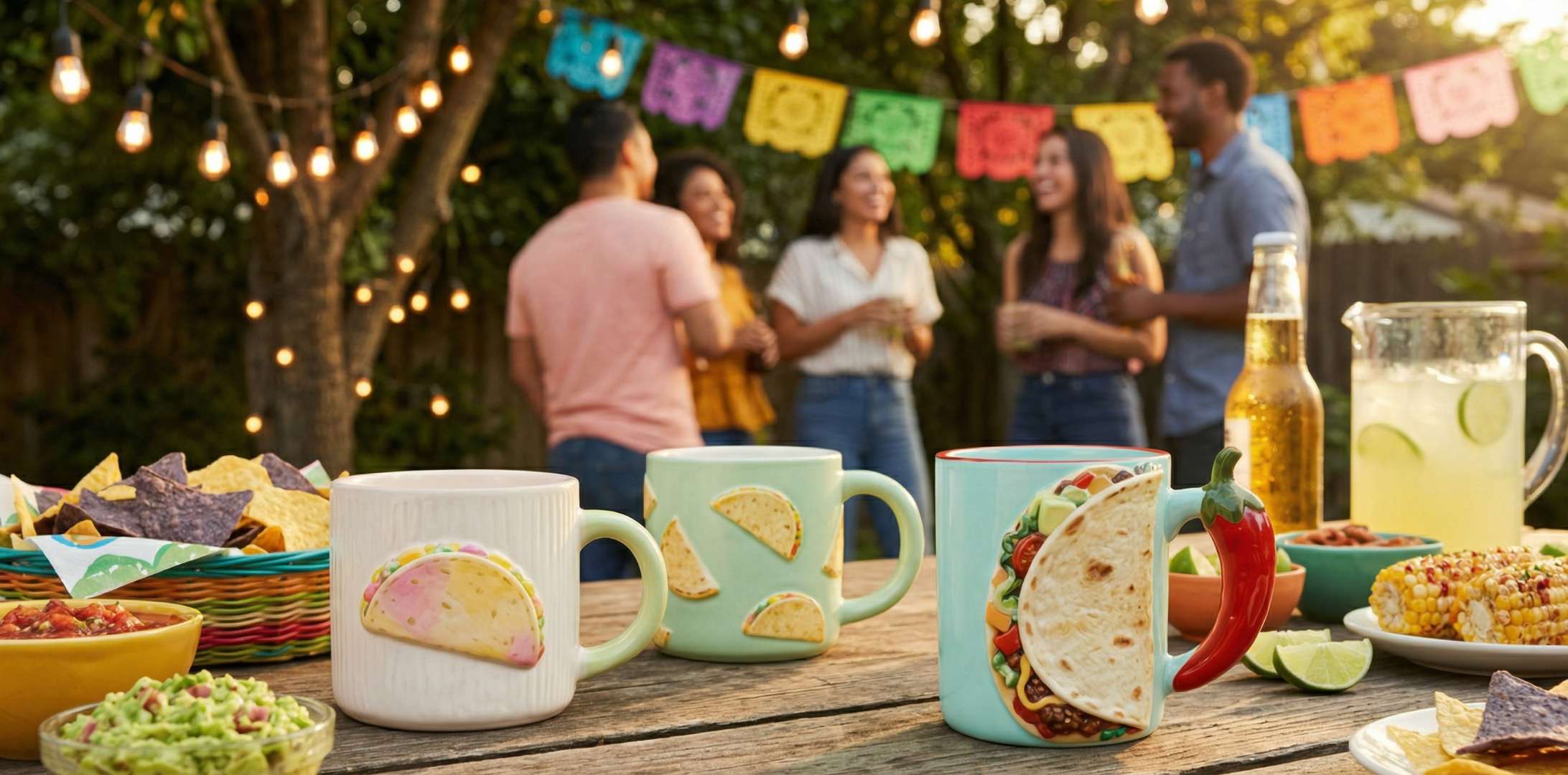 Bloomingware taco ceramic mugs at outdoor fiesta party — novelty food drinkware BM-74 to BM-77