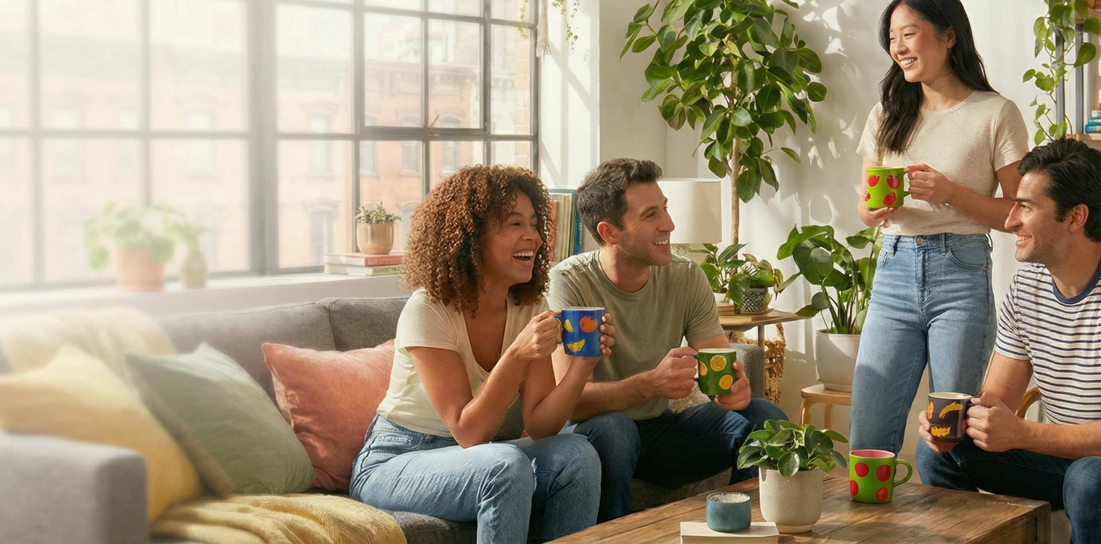 Friends holding Bloomingware fruit parade ceramic mugs — Midnight Orange, Garden Lemon, Orchard Apple, and Twilight Banana