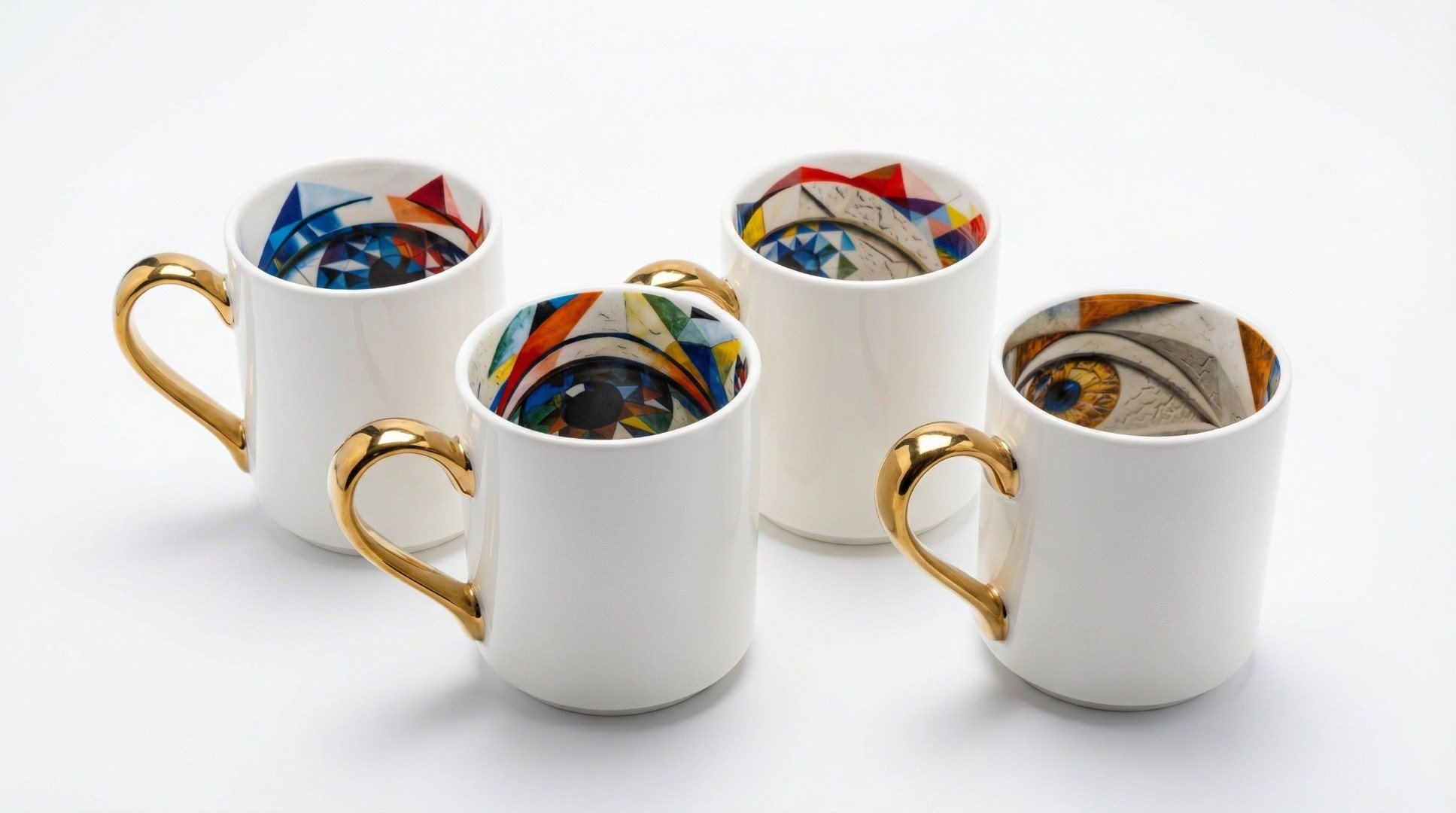 Bloomingware Look Inside Collection — elegant white ceramic mugs with gold handles and hidden interior artwork
