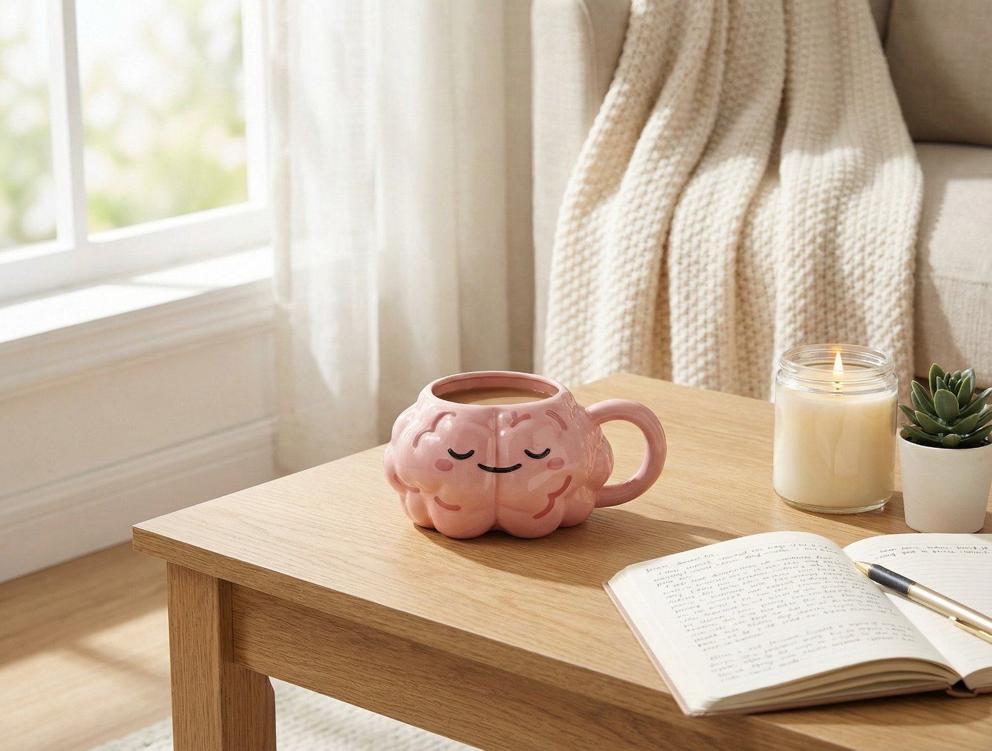 Bloomingware Calm Brain ceramic mug in a relaxed desk setting — mindfulness drinkware
