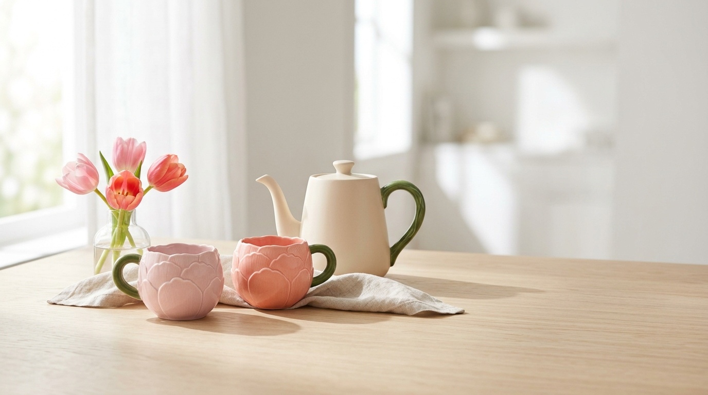 Bloomingware flower cups with scattered petals — ceramic floral drinkware