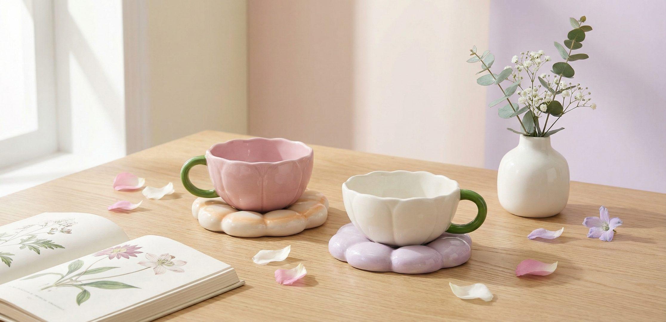 Bloomingware peony mugs with teapot and tulips — flower collection lifestyle