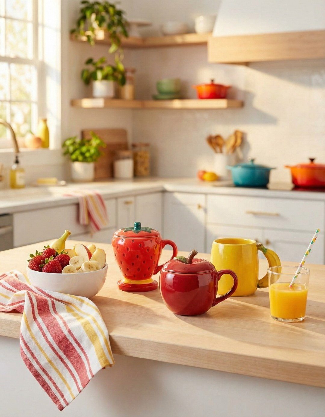 Bloomingware fruit mugs styled in a bright kitchen setting