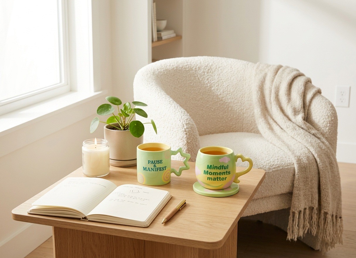 Bloomingware Pause & Manifest mug in a cozy setting — mindfulness ceramic drinkware