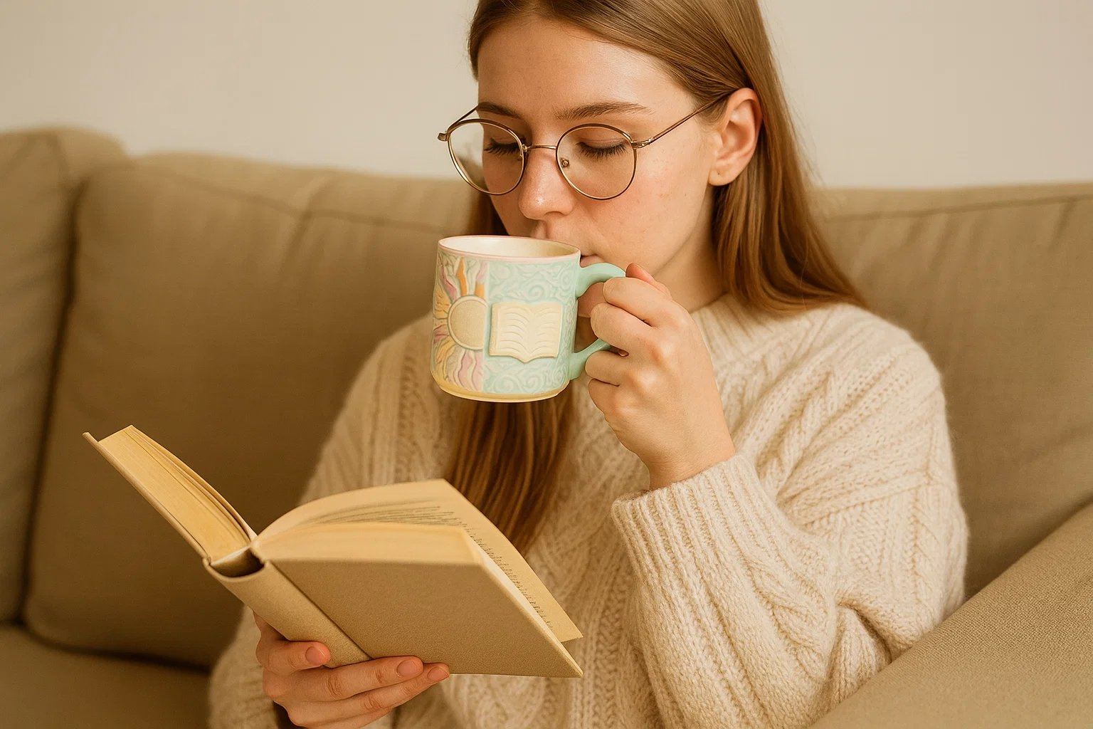 Woman reading a book while enjoying morning coffee from a Bloomingware designer ceramic mug