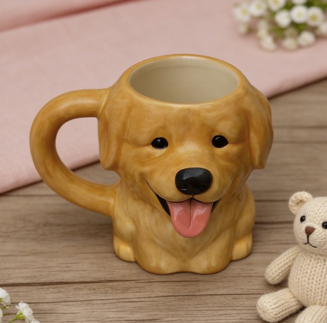Bloomingware golden retriever ceramic mug closeup with teddy bear — hand-sculpted pet drinkware