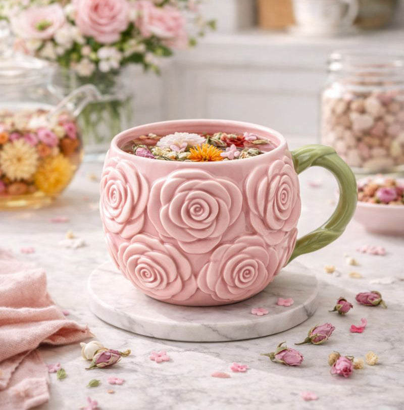 Blush Rose Bloom Relief Flower Mug